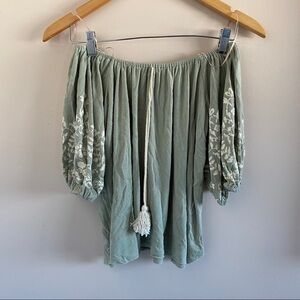 Light Green Off-the-Shoulder Tassel Top | Size Small | Boho Style